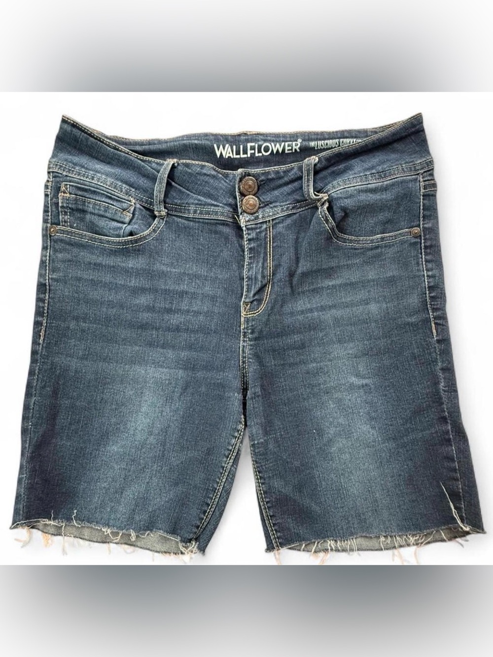 Wallflower Dark Blue Cropped Denim Shorts with Raw Hem